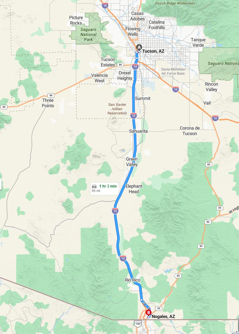 driving from Tucson, Arizona to NogalesArizona - map and route