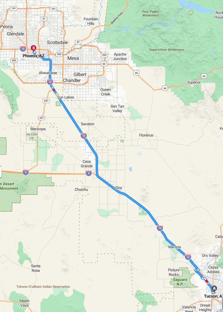 driving from Tucson, Arizona to PhoenixArizona - map and route