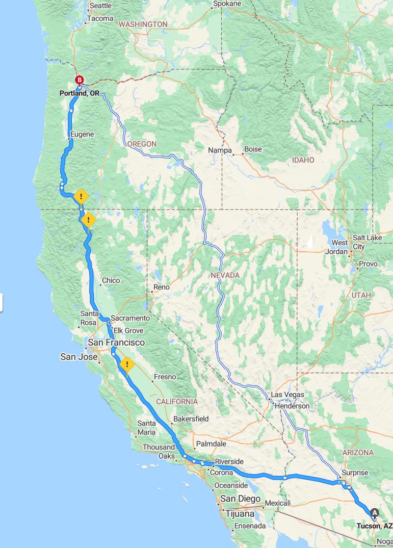 driving from Tucson, Arizona to PortlandOregon - map and route
