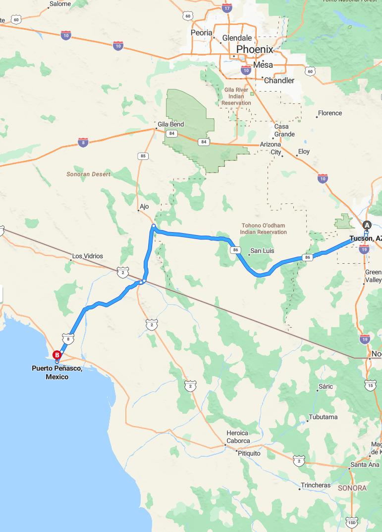 driving from Tucson, Arizona to Puerto PenascoSonora - map and route