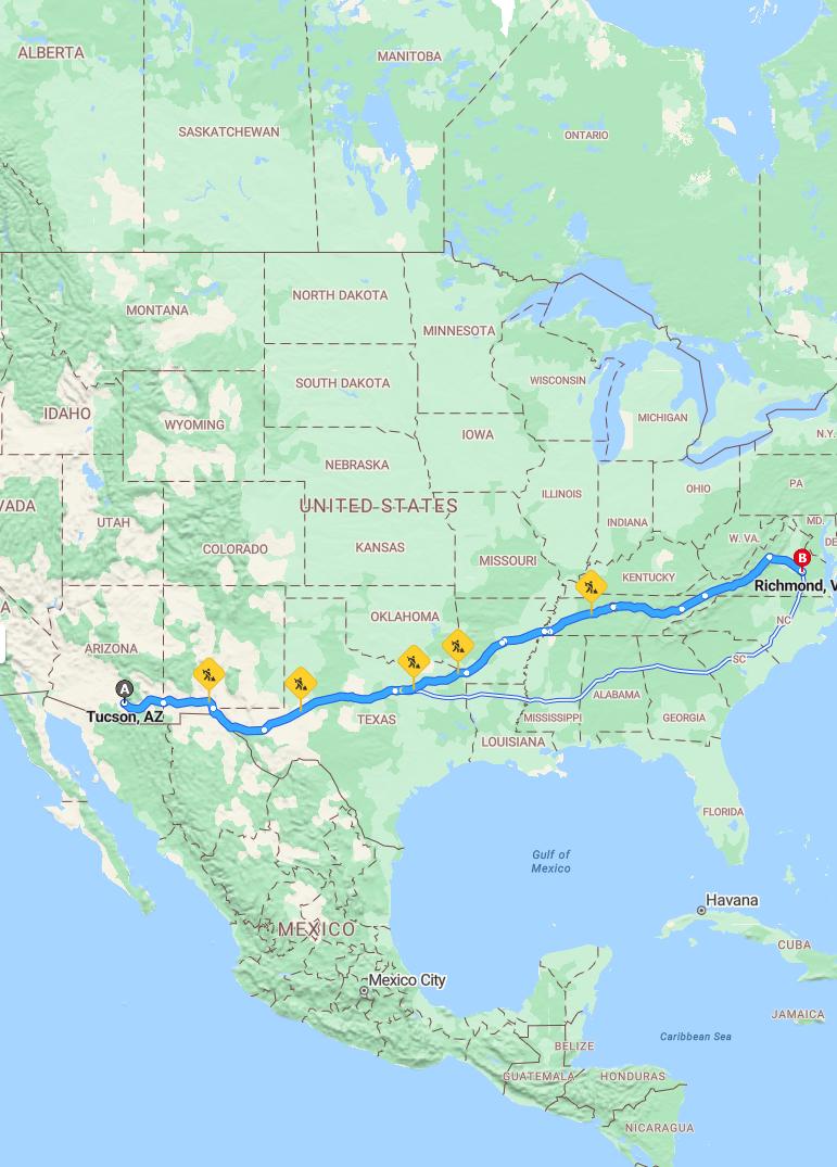 driving from Tucson, Arizona to RichmondVirginia - map and route