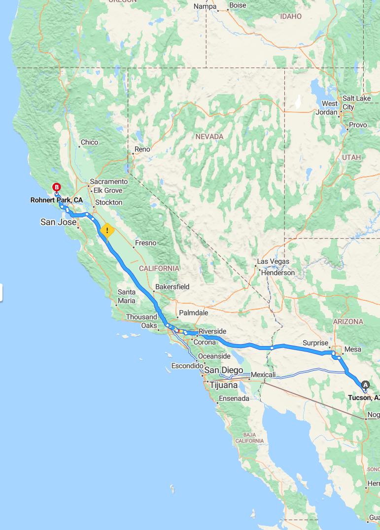 driving from Tucson, Arizona to Rohnert ParkCalifornia - map and route