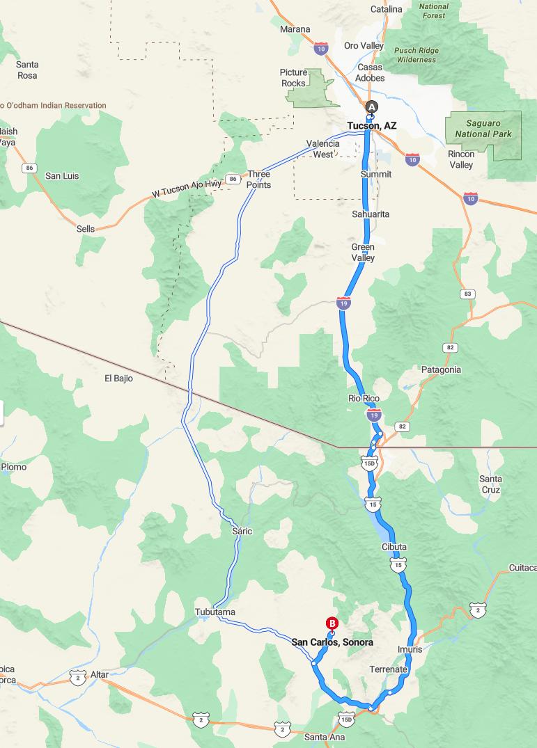 driving from Tucson, Arizona to San CarlosSonora - map and route