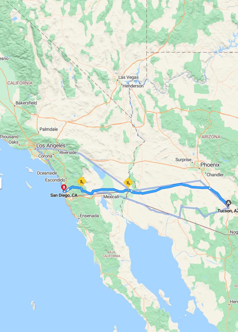 driving from Tucson, Arizona to San DiegoCalifornia - map and route
