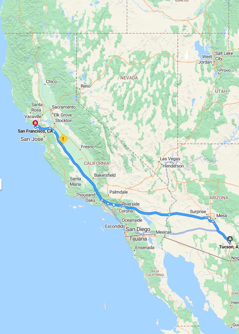 driving from Tucson, Arizona to San FranciscoCalifornia - map and route