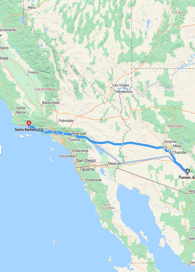 driving from Tucson, Arizona to Santa BarbaraCalifornia - map and route