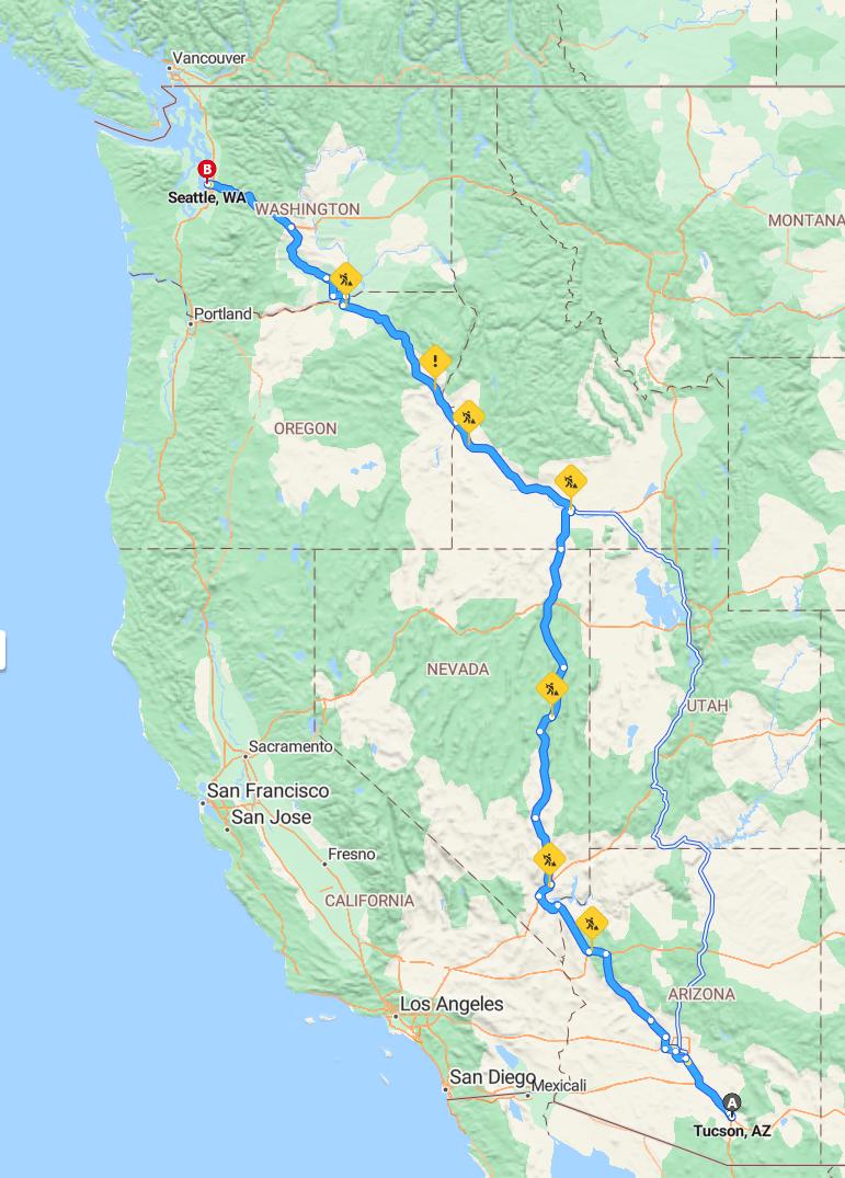 driving from Tucson, Arizona to SeattleWashington - map and route