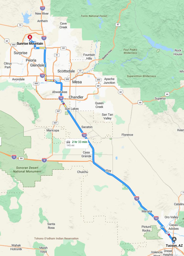 driving from Tucson, Arizona to Sunrise MountainArizona - map and route
