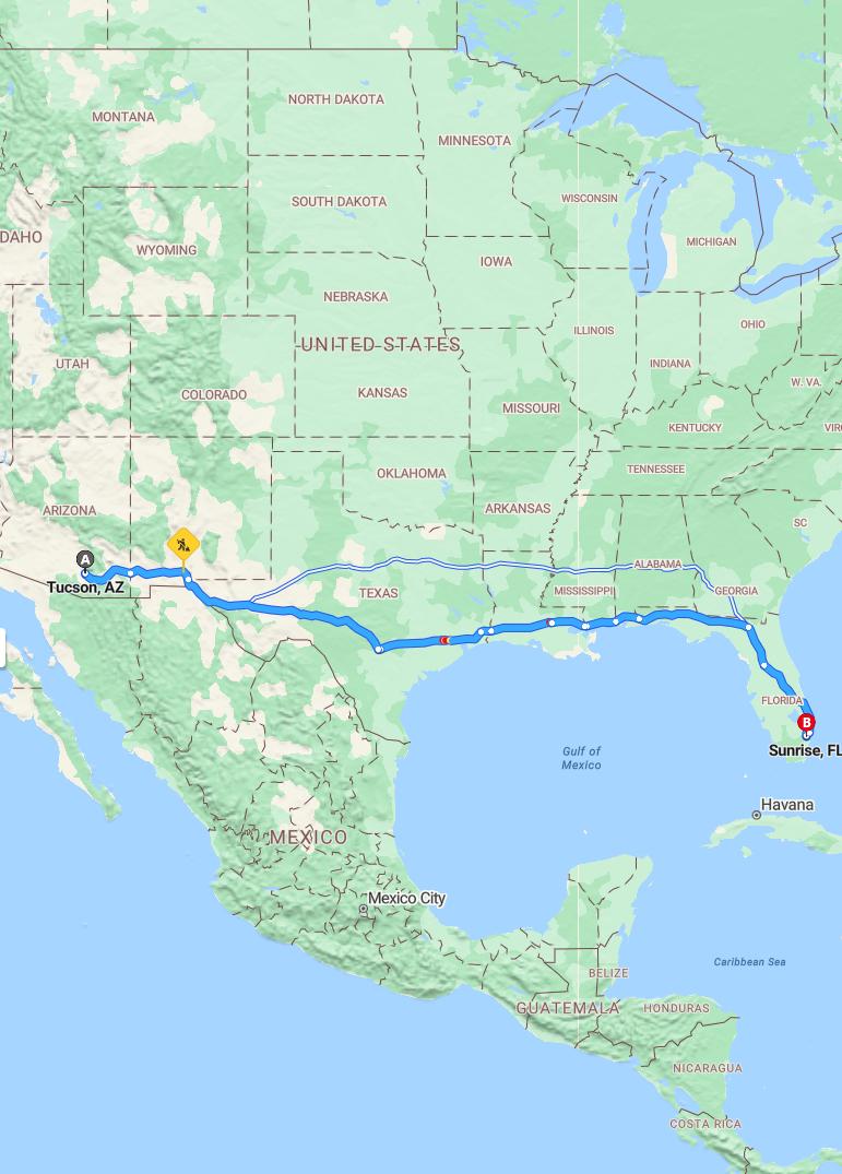 driving from Tucson, Arizona to SunriseFlorida - map and route