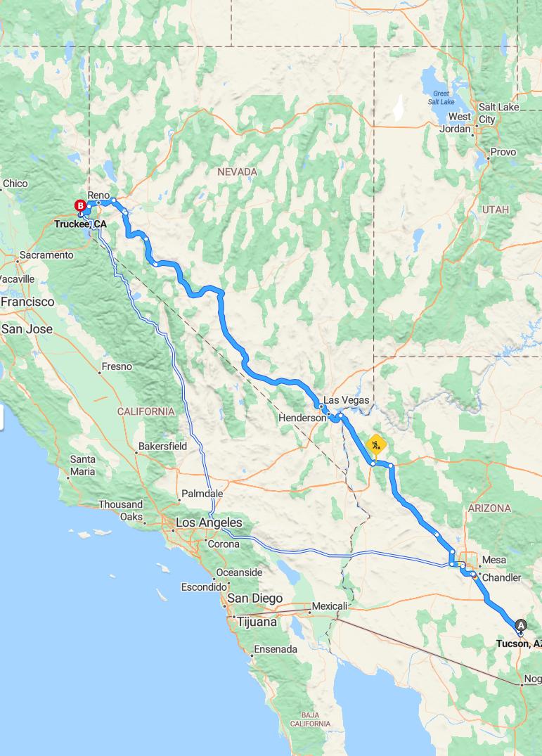driving from Tucson, Arizona to TruckeeCalifornia - map and route