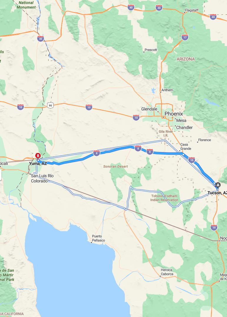 driving from Tucson, Arizona to YumaArizona - map and route