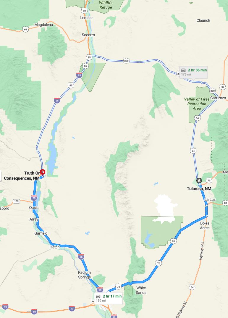 driving from Tularosa, New Mexico to Truth or ConsequencesNew Mexico - map and route