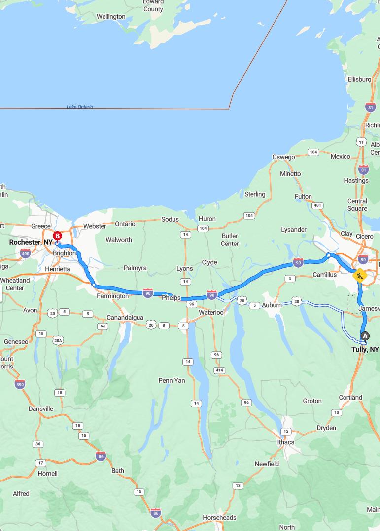 driving from Tully, New York to RochesterNew York - map and route