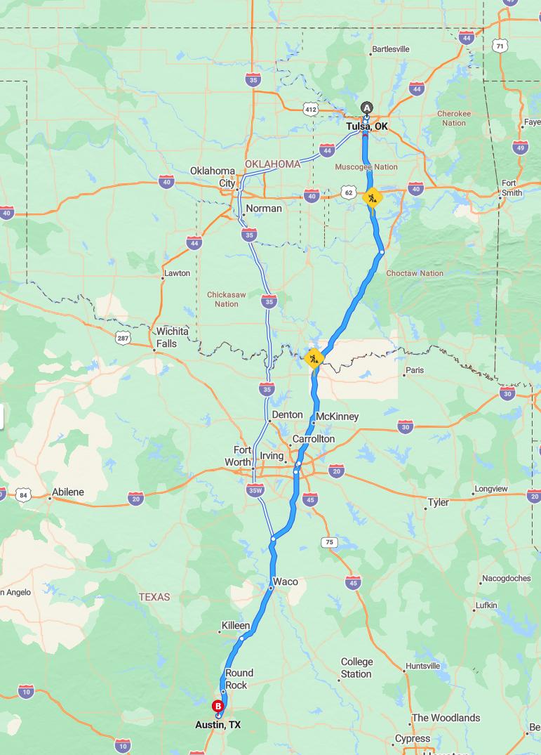 driving from Tulsa, Oklahoma to AustinTexas - map and route
