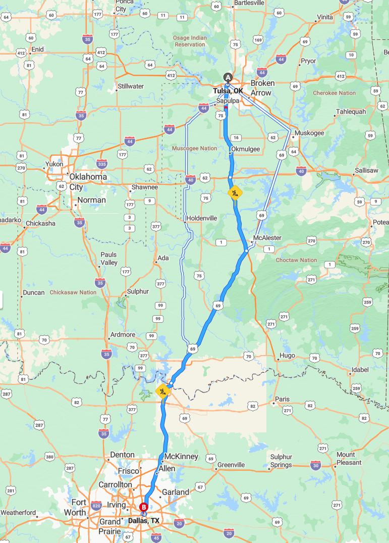 driving from Tulsa, Oklahoma to DallasTexas - map and route