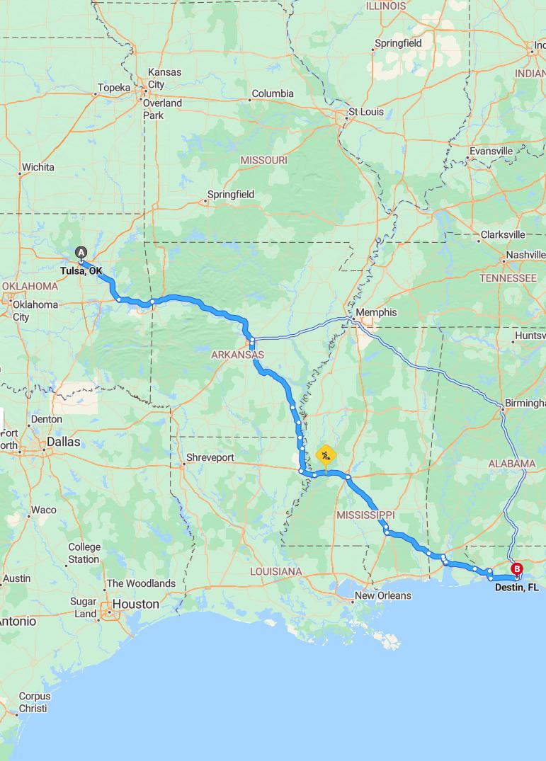 driving from Tulsa, Oklahoma to DestinFlorida - map and route