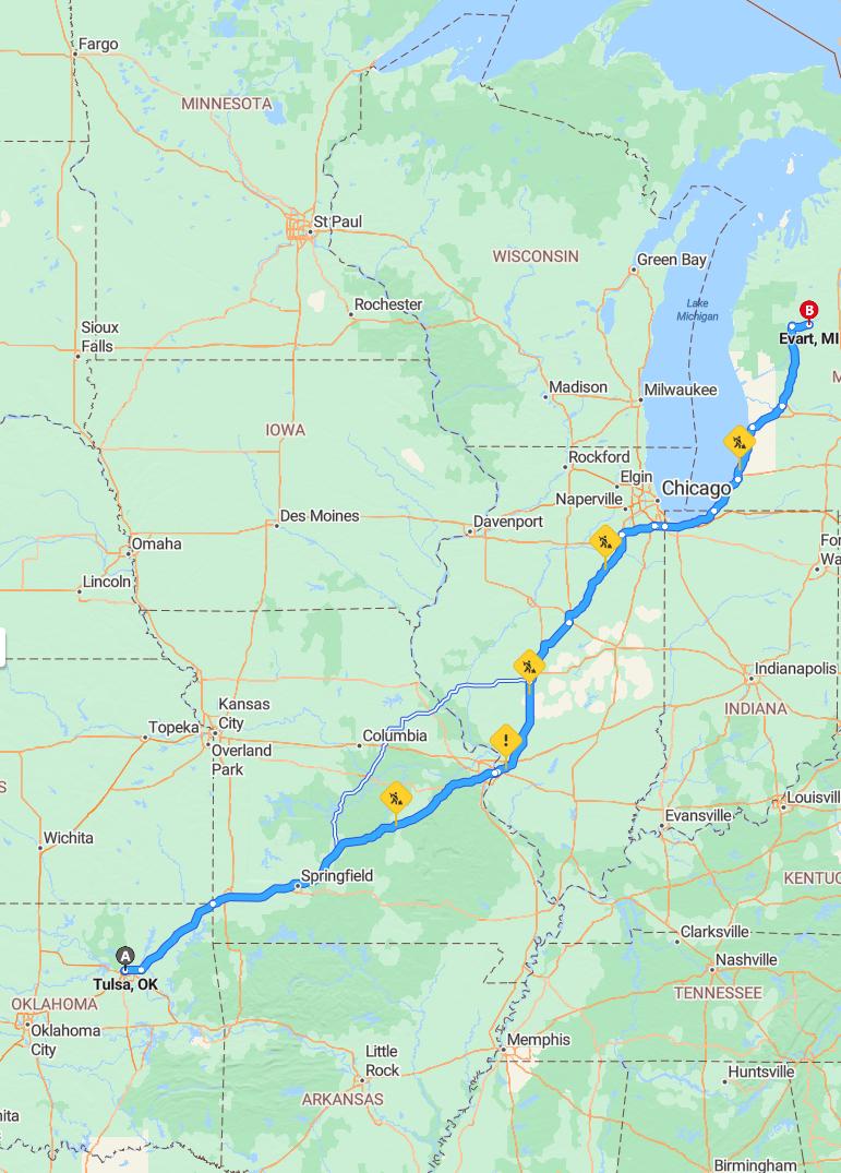 driving from Tulsa, Oklahoma to EvartMichigan - map and route