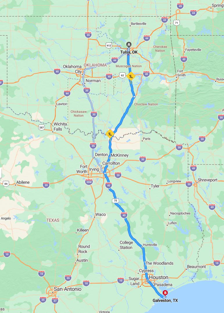 driving from Tulsa, Oklahoma to GalvestonTexas - map and route