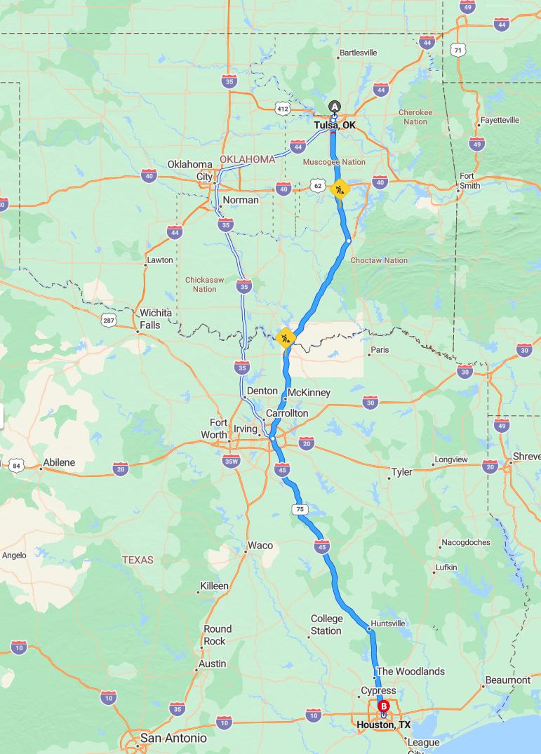 driving from Tulsa, Oklahoma to HoustonTexas - map and route
