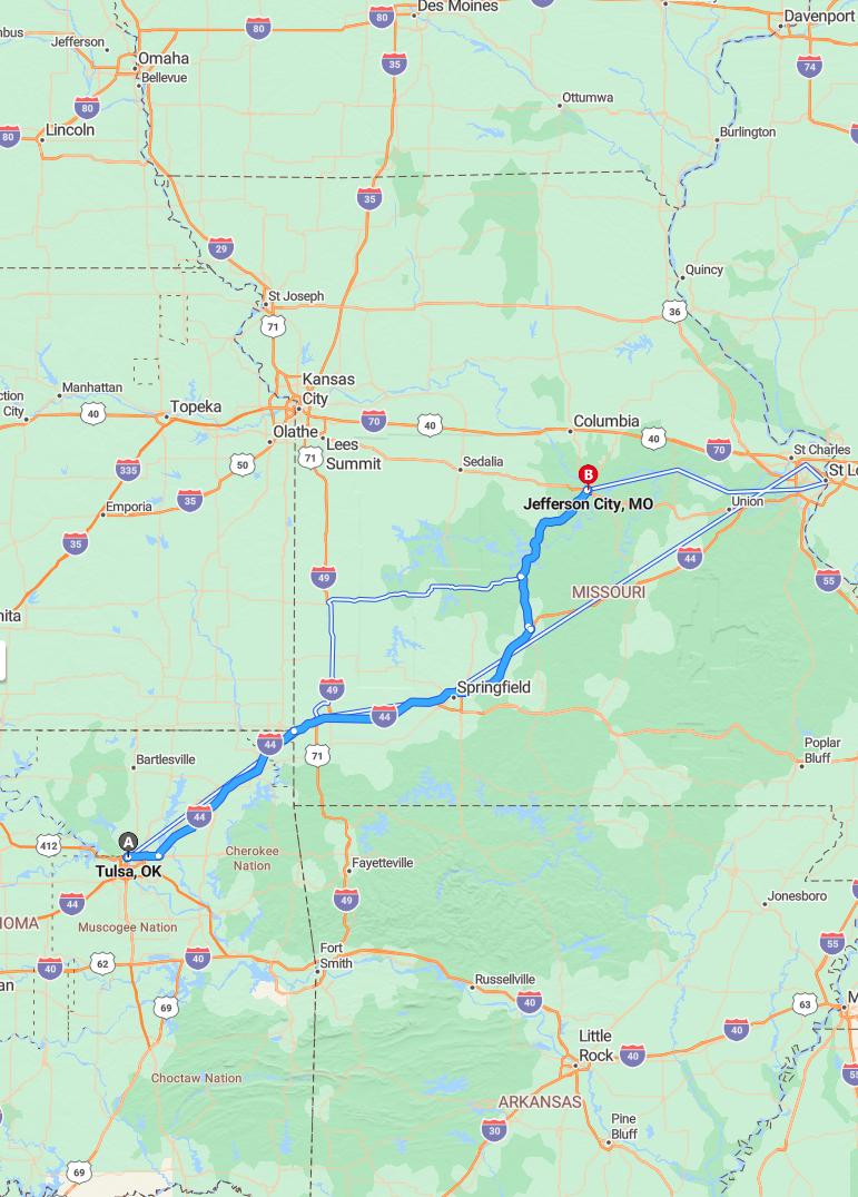 driving from Tulsa, Oklahoma to Jefferson CityMissouri - map and route