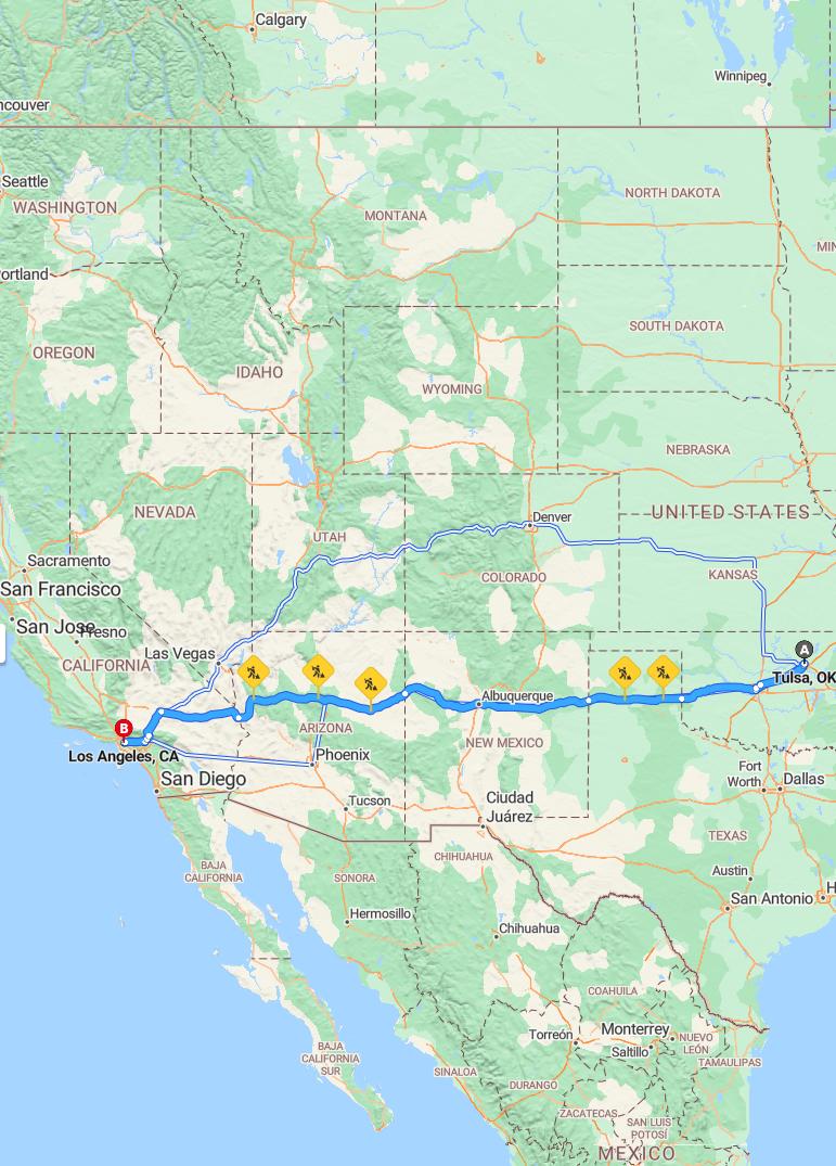 driving from Tulsa, Oklahoma to Los AngelesCalifornia - map and route