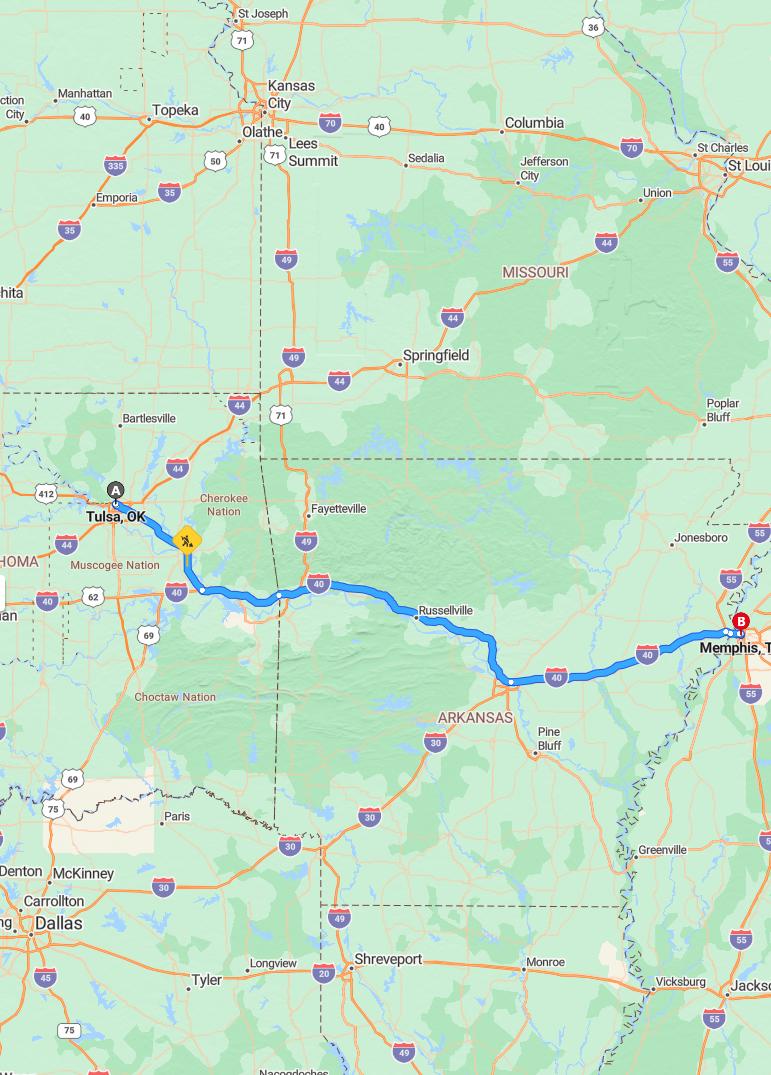driving from Tulsa, Oklahoma to MemphisTennessee - map and route