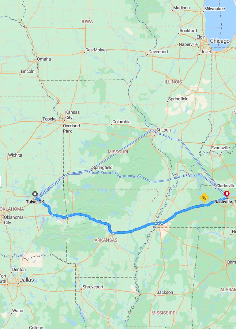 driving from Tulsa, Oklahoma to NashvilleTennessee - map and route