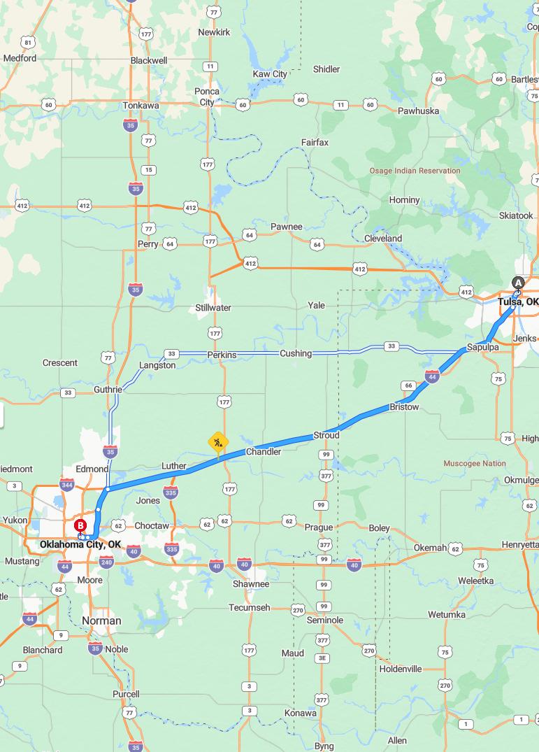 driving from Tulsa, Oklahoma to Oklahoma CityOklahoma - map and route