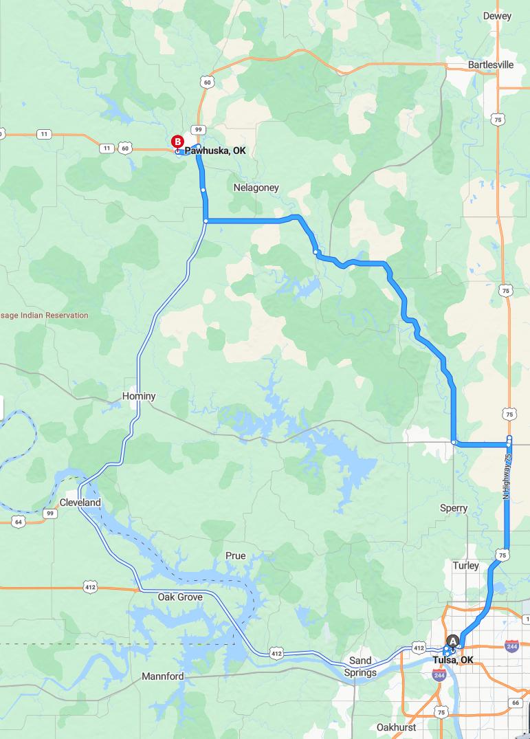 driving from Tulsa, Oklahoma to PawhuskaOklahoma - map and route