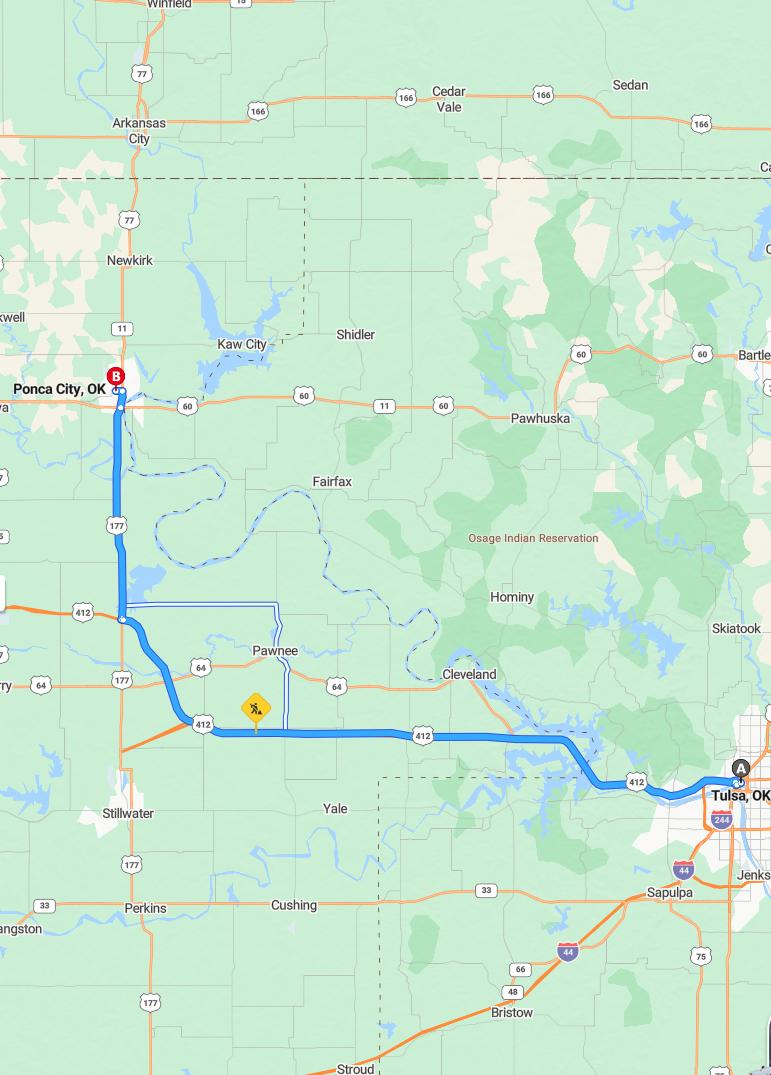 driving from Tulsa, Oklahoma to Ponca CityOklahoma - map and route