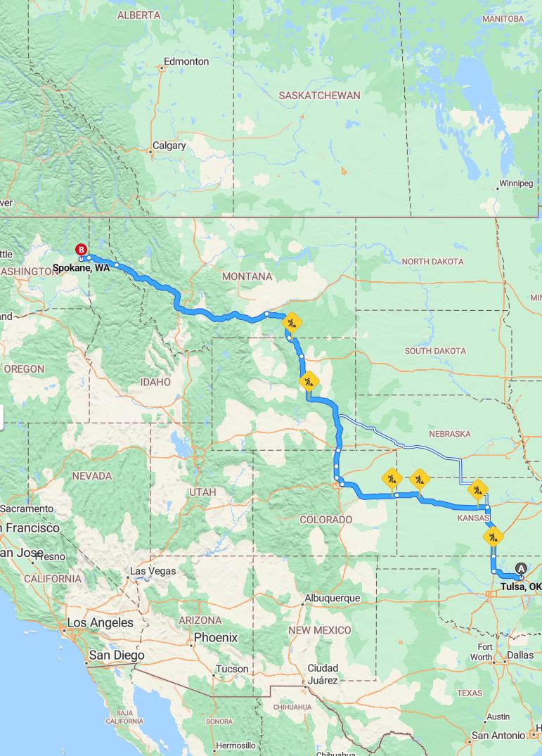 driving from Tulsa, Oklahoma to SpokaneWashington - map and route
