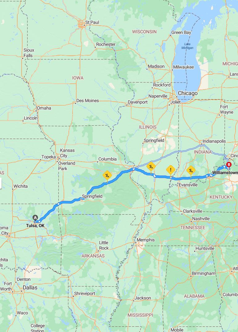 driving from Tulsa, Oklahoma to WilliamstownKentucky - map and route