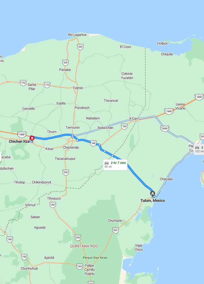 driving from Tulum, Quintana Roo to Chichen ItzaYucatan - map and route