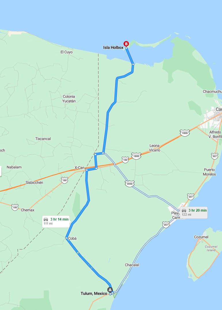 driving from Tulum, Quintana Roo to Isla HolboxQuintana Roo - map and route