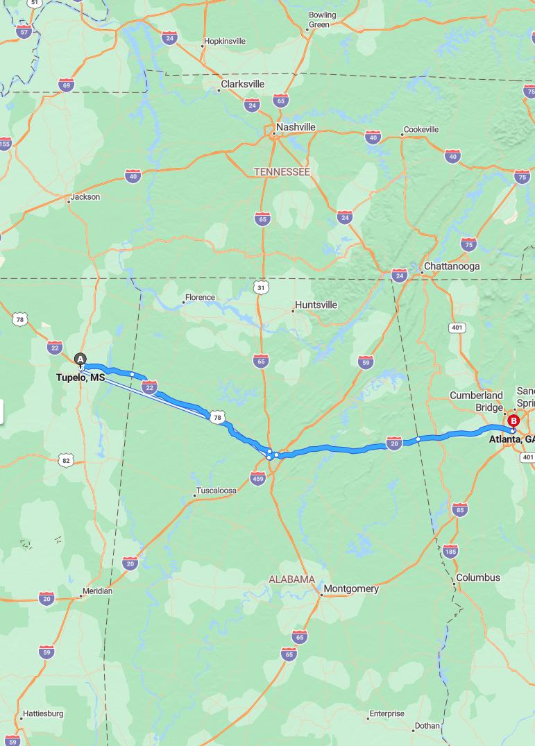 driving from Tupelo, Mississippi to AtlantaGeorgia - map and route