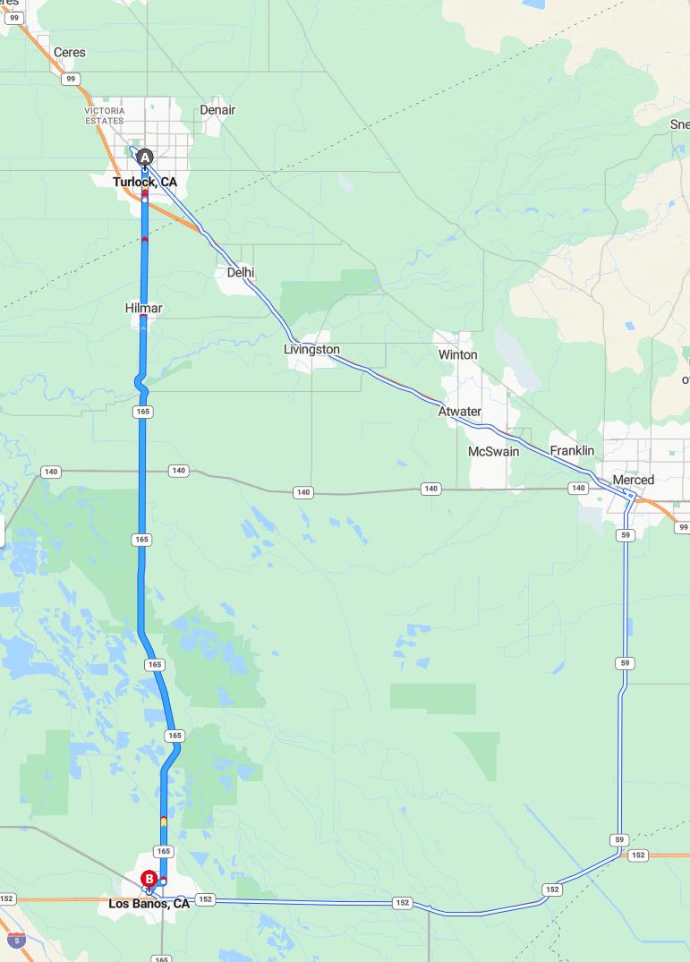 driving from Turlock, California to Los BanosCalifornia - map and route