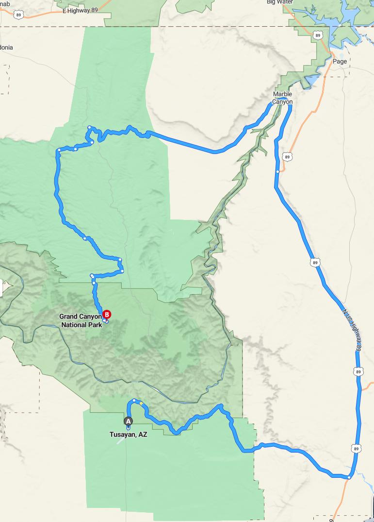 driving from Tusayan, Arizona to Grand CanyonArizona - map and route