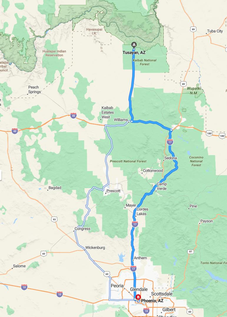 driving from Tusayan, Arizona to PhoenixArizona - map and route