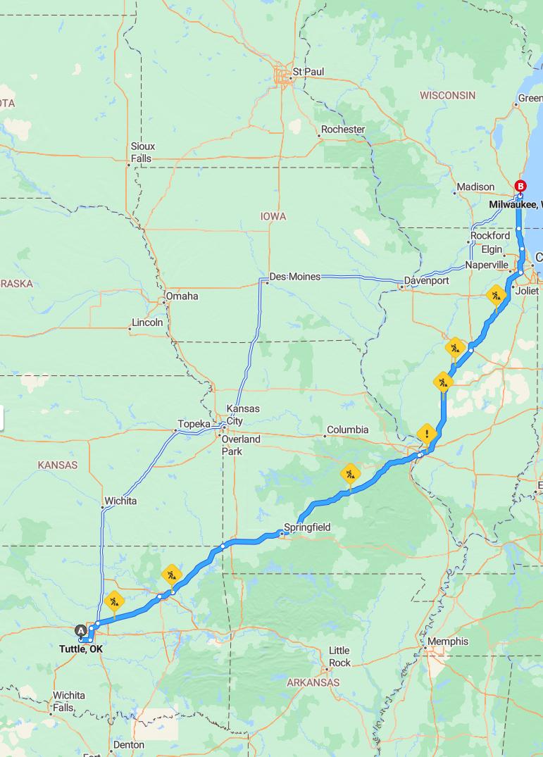 driving from Tuttle, Oklahoma to MilwaukeeWisconsin - map and route