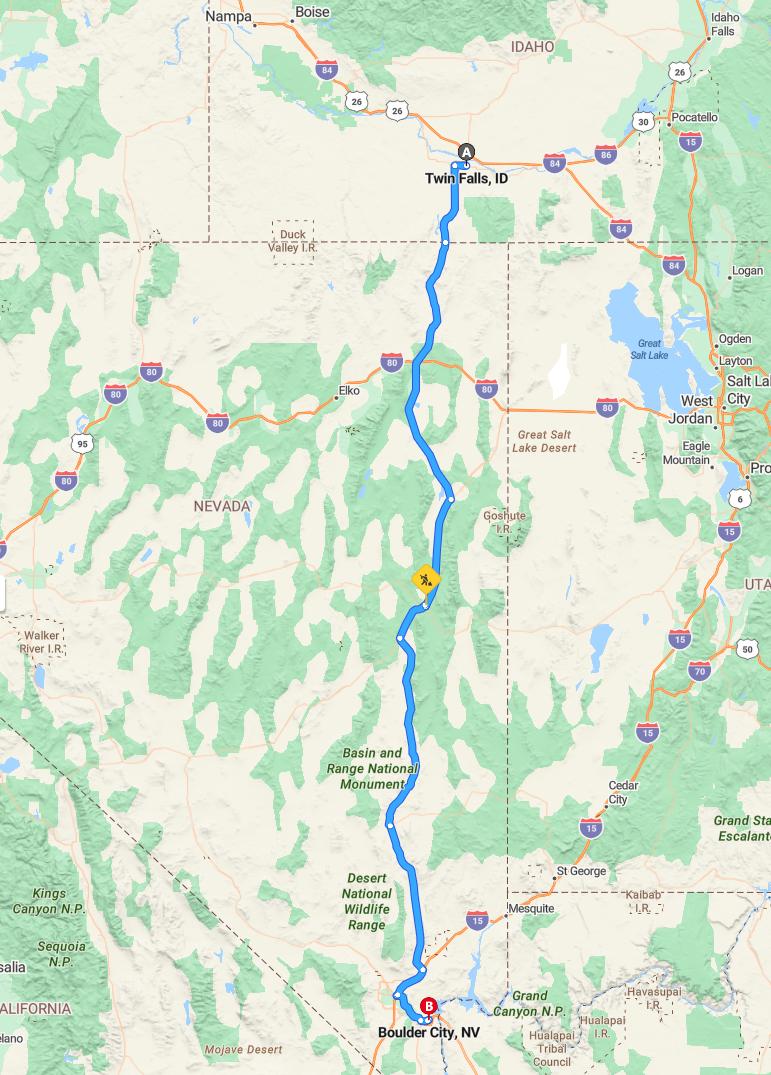 driving from Twin Falls, Idaho to BoulderNevada - map and route