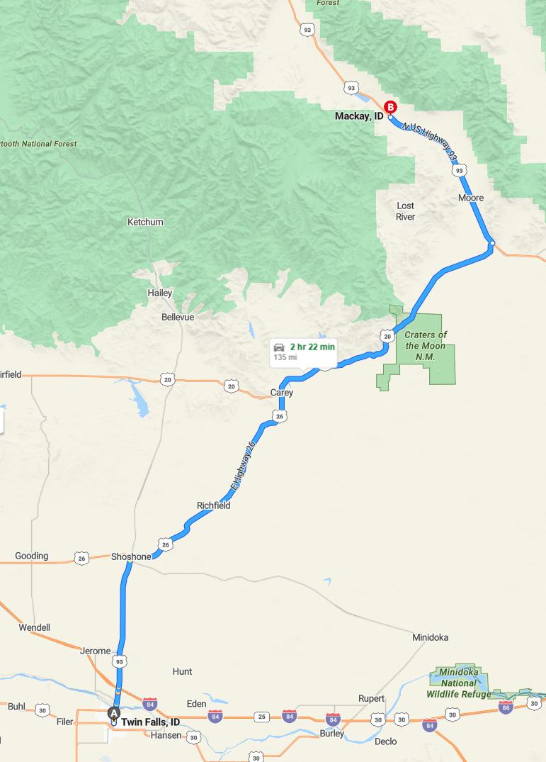 driving from Twin Falls, Idaho to MackayIdaho - map and route