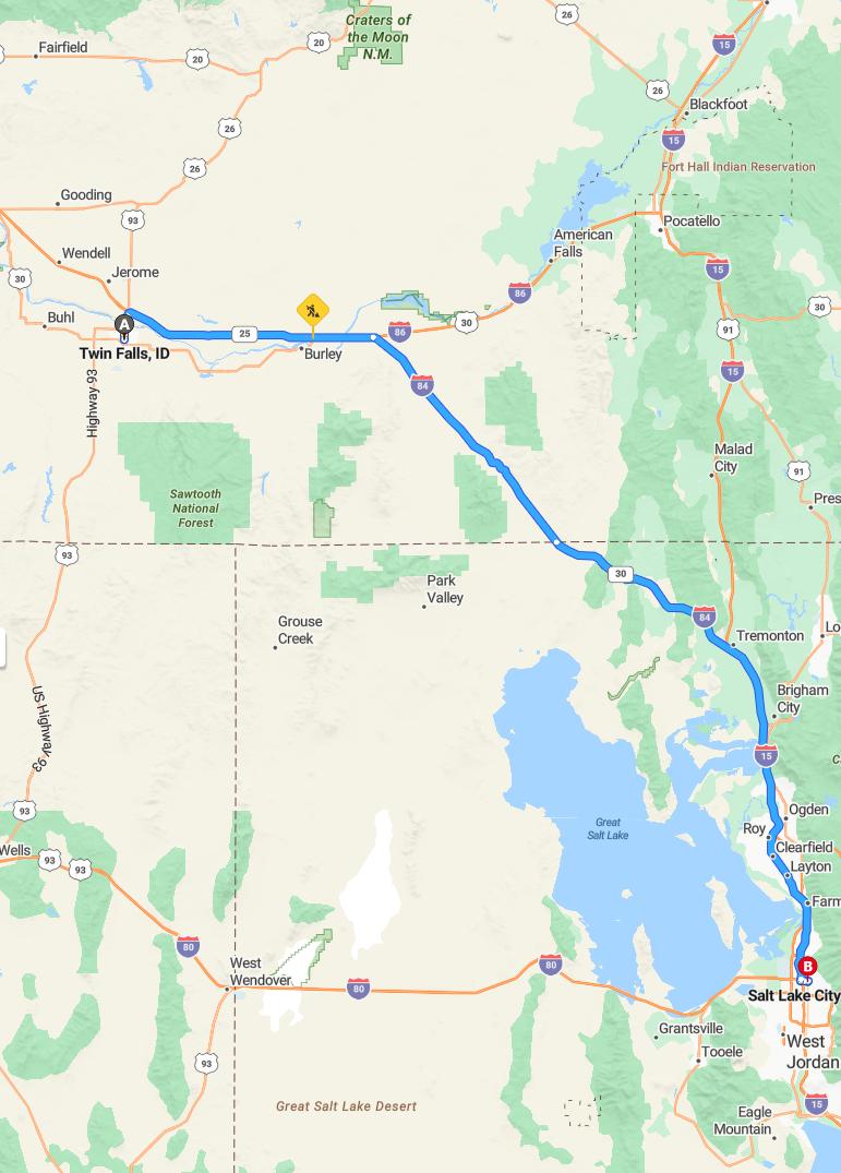 driving from Twin Falls, Idaho to Salt Lake CityUtah - map and route
