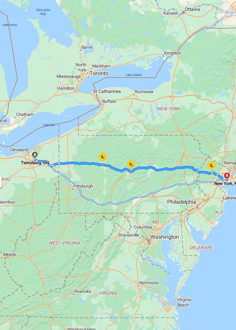 driving from Twinsburg, Ohio to New YorkNew York - map and route