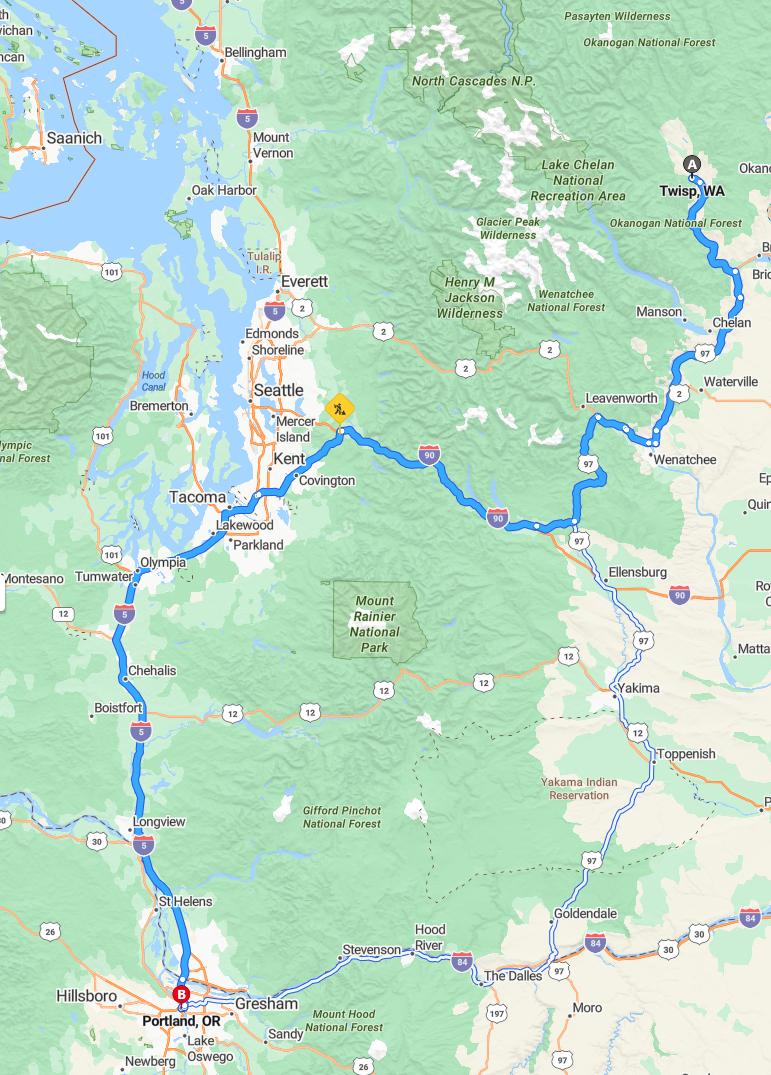 driving from Twisp, Washington to PortlandOregon - map and route
