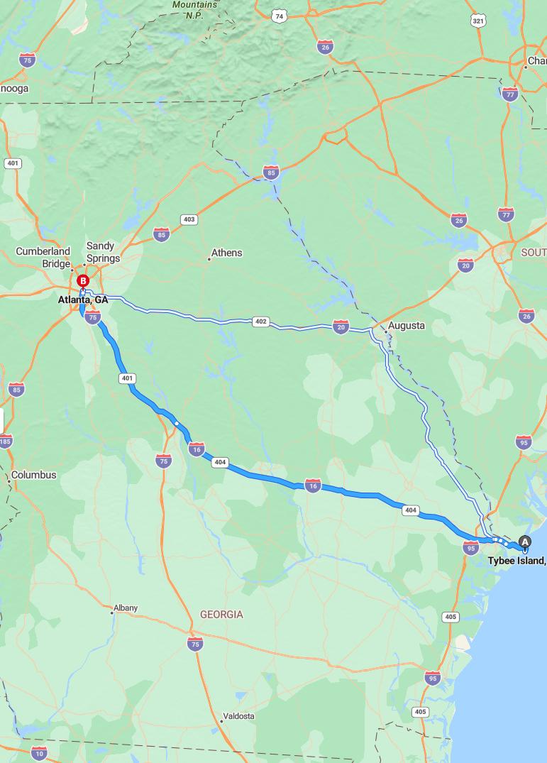 driving from Tybee Island, Georgia to AtlantaGeorgia - map and route