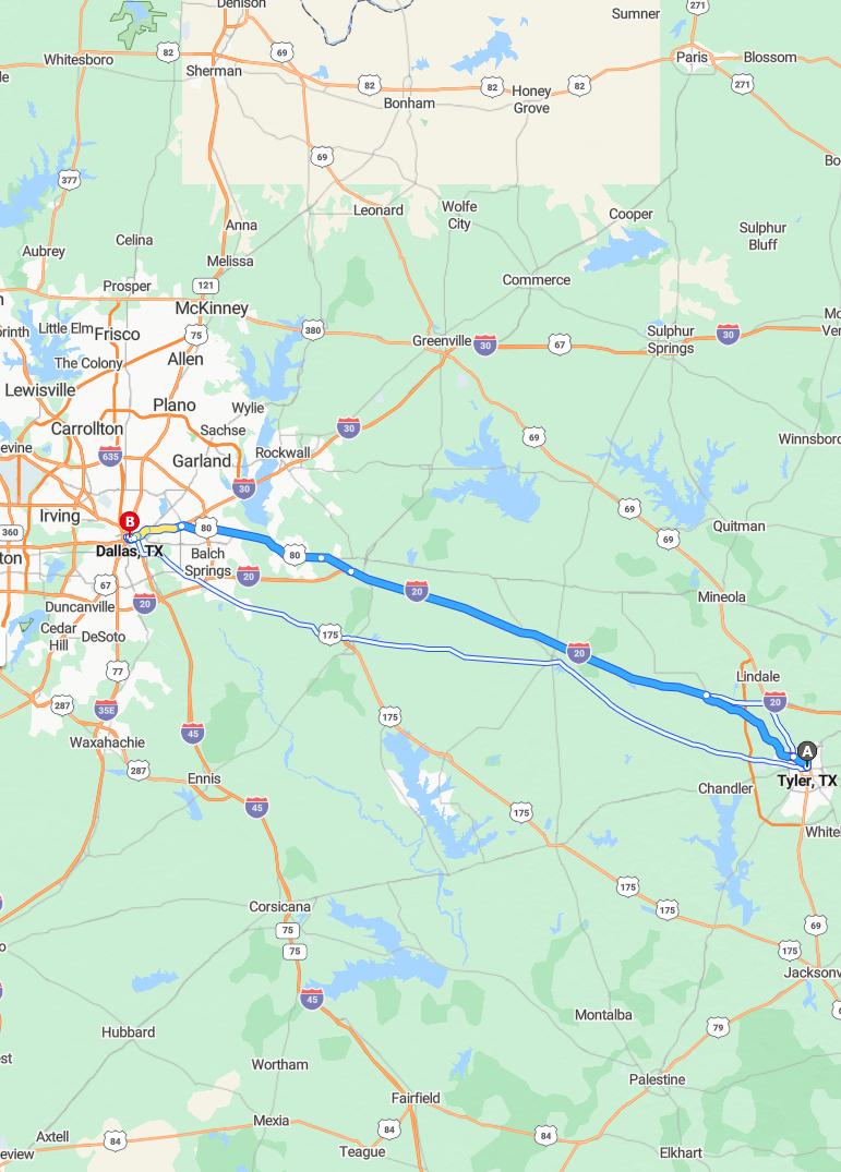 driving from Tyler, Texas to DallasTexas - map and route