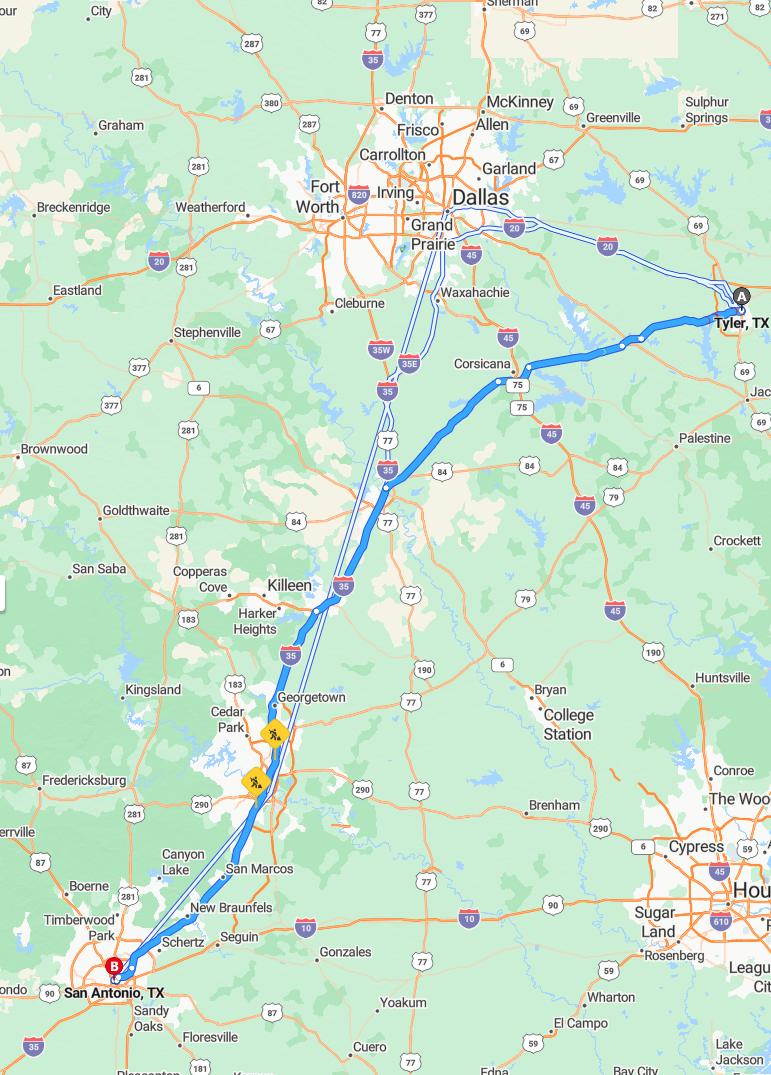 driving from Tyler, Texas to San AntonioTexas - map and route