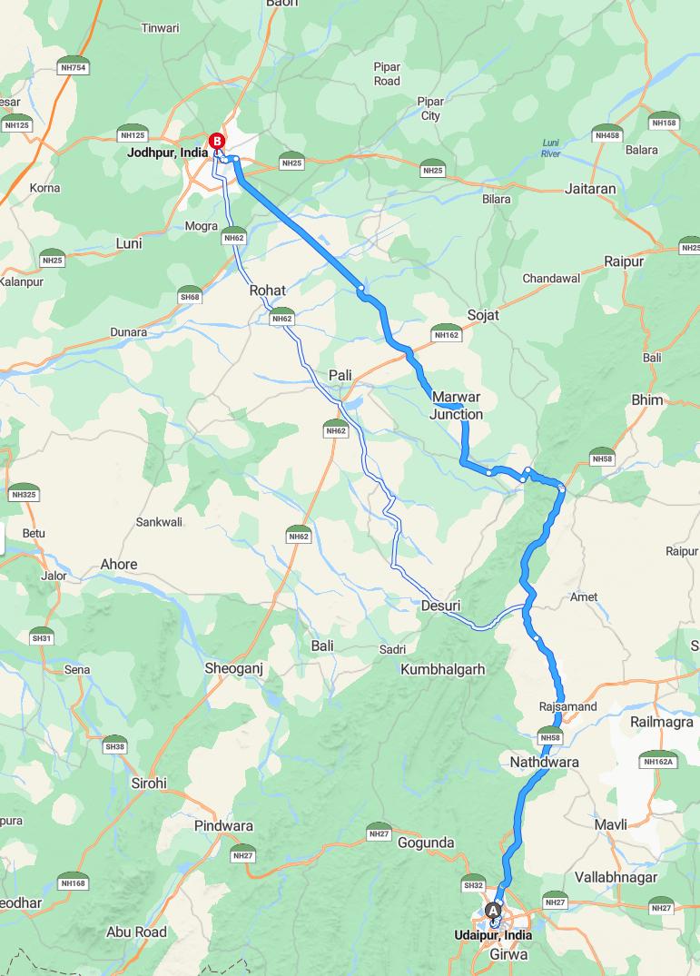 driving from Udaipur, Rajasthan to JodhpurRajasthan - map and route