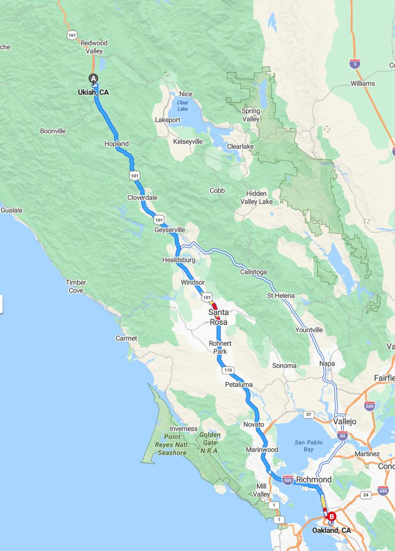 driving from Ukiah, California to OaklandCalifornia - map and route