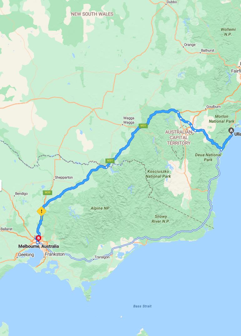 driving from Ulladulla, New South Wales to MelbourneVictoria - map and route